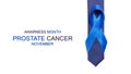 Cancer people. Blue ribbon, fashion tie isolated on white background. Awareness prostate cancer of men health in November. Man