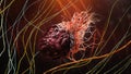 Cancer or tumor cell within fibrous tissue close-up 3D rendering illustration. Carcinoma, lymphoma, oncology, medicine, science, Royalty Free Stock Photo