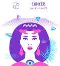 Cancer of zodiac and horoscope concept, vector art, illustration. Beautiful girl silhouette. Astrological sign as a beautiful Royalty Free Stock Photo
