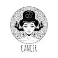 Cancer zodiac sign artwork, adult coloring book page, beautiful horoscope symbol girl, vector illustration Royalty Free Stock Photo