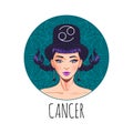 Cancer zodiac sign artwork, beautiful girl face, horoscope symbol, star sign, vector illustration Royalty Free Stock Photo