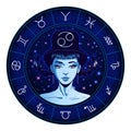 Cancer zodiac sign artwork, beautiful girl face, horoscope symbol, star sign, vector illustration Royalty Free Stock Photo