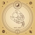 Cancer Zodiac sign, astrological horoscope sign. Outline drawing in a decorative circle with mystical astronomical symbols