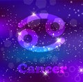 Cancer Zodiac sign on a cosmic purple background with sparkling stars and nebula