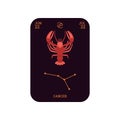 Cancer zodiac sign, Horoscope card with zodiac symbol, Astrology Cancer card with constellation, date, sign and symbol