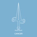 Cancer zodiac sign. Line style icon of zodiacal weapon sword. One of 12 zodiac weapons. Astrological, horoscope sign. Vector. Royalty Free Stock Photo