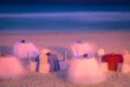 Cancun caribbean beach, chairs and tables at evening, Riviera Maya, Mexico Royalty Free Stock Photo