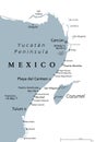 Cancun, Cozumel and Riviera Maya in Mexico, gray political map