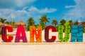 Cancun, Mexico, inscription in front of the Playa Delfines beach. Huge letters of the city name.