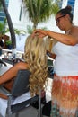 CANCUN, MEXICO - MAY 03: Model getting ready with hairstyle during semi-finals IBMS 2014