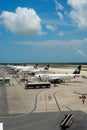 cancun, quintana roo, 20 08 23, Mexican airline planes parked on the airport runway with passenger transport vehicles around them