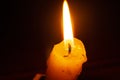 candel with black backround and a fire. Burning candle in the dark on the table close up top view. Flame of a burning candle close