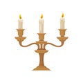Candelabrum with three burning candles with melting wax, vintage bronze candlestick vector Illustration