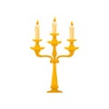 Candelabrum with three burning candles with melting wax, vintage golden candlestick vector Illustration on a white