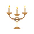 Candelabrum with three burning candles, vintage candlestick vector Illustration on a white background