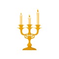 Candelabrum with three candles, vintage golden candlestick vector Illustration on a white background