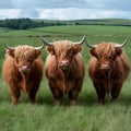 Candid capture Three highland cows attentive charming countryside scene