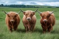 Candid capture Three highland cows attentive charming countryside scene Royalty Free Stock Photo