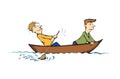 Men are swimming in boat. Vector drawing Royalty Free Stock Photo