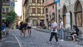 Three Young Women take selfie in the Medieval Town of Rothenburg, Germany
