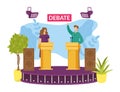Candidate at election debate, vector illustration. Political speaker character in discussion, flat man woman stand at
