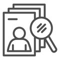 Candidate search line icon. Applicant forms stack and loupe outline style pictogram on white background. Headhunting Royalty Free Stock Photo