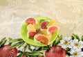 Candied fruit jelly appetizer gourmet meal fruits colored marmelade green plate background