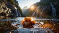 Golden Caramel Cubes Floating on Water with Waterfall Background Royalty Free Stock Photo