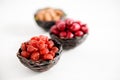 Candied fruits and dried berries and fruits in baskets. Oriental sweets. Royalty Free Stock Photo