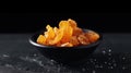 Candied ginger in black bowl, against dark background, Generative AI, AI generated