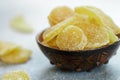 Candied ginger slices. Sweet spicy treat for tea