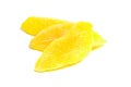 Candied mango fruit chips isolated on white background. Dry dehydrated mango slices