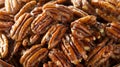 Candied pecan nuts with caramel glaze. Close-up food photography