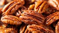 Candied pecan nuts with caramel glaze. Close-up food photography