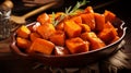 Candied yams in a baking dish, close up. Sweet potatoes with brown sugar, marple syrup, spices, brown sugar and butter front view