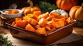 Candied yams in a baking dish, close up. Sweet potatoes with brown sugar, marple syrup, spices, brown sugar and butter front view