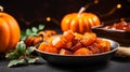 Candied yams in a baking dish, copy space. Sweet potatoes or pumpkin with brown sugar, marple syrup, spices, brown sugar and