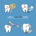 Candies can cause trouble. A tooth with candy, thermometer, syringe, and drill. Cute and funny characters for Royalty Free Stock Photo