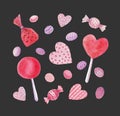 Candies, caramel, lollipop, comfit and candy hearts Royalty Free Stock Photo