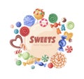 Candies circle background with lollipops, pinwheels and sweeties around. Round frame label design with yummy sugar