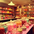 Candies in glass jars in candy shop. Variety of different sweets in store Royalty Free Stock Photo