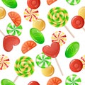 Candies pattern. Cartoon seamless decorative texture with caramel lollipop and gummy jelly. Toffee and chocolate bonbons