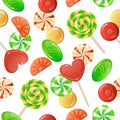 Candies pattern. Cartoon seamless decorative texture with caramel lollipop and gummy jelly. Toffee and chocolate bonbons. Sugary