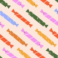 Candies pattern. Wrapped sweets, seamless background. Repeating print with confectionery in colorful wrapping. Endless