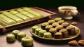 candies with pistachio flavor. Multicolored green icing for decoration. Sugar sweet dessert.