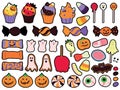 Halloween celebration related candies, desserts and sweets. Collection of hand drawn, vector cartoon illustrations. Royalty Free Stock Photo