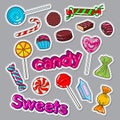 Candies Sweet Food Doodle. Stickers, Badges and Patch with Chocolates and Lollipop