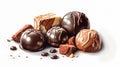 Candies from various types of chocolate, chocolate pieces, truffle lie in a heap, white background. Sweet chocolate