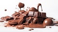 Candies from various types of chocolate, chocolate pieces, truffle lie in a heap, white background. Sweet chocolate