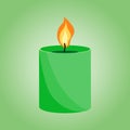 Burning decorative green wax candles isolated clipart on green background.